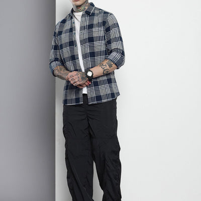 Men's Navy Blue Regular Fit Checked Casual Overshirt