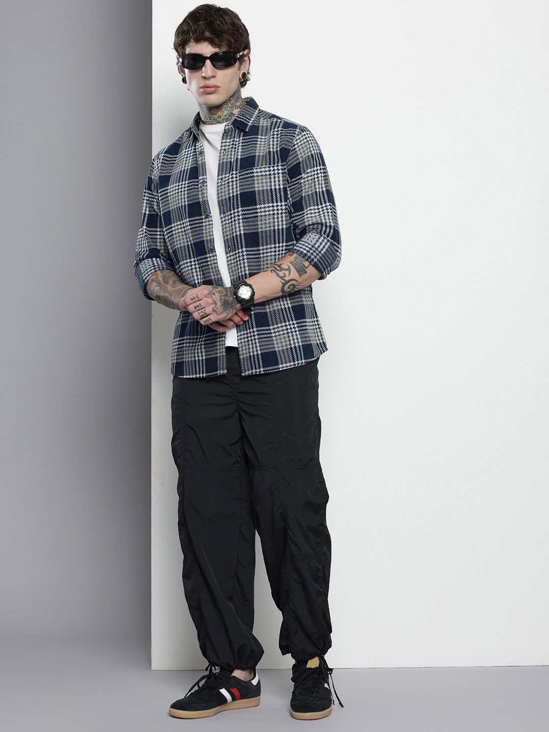 Men's Navy Blue Regular Fit Checked Casual Overshirt