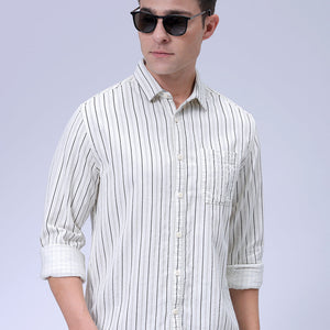 Men's Cream Regular Fit Striped Corduroy Casual Overshirt
