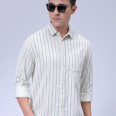 Men's Cream Regular Fit Striped Corduroy Casual Overshirt