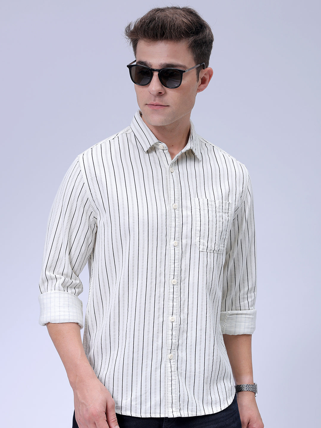 Men's Cream Regular Fit Striped Corduroy Casual Overshirt