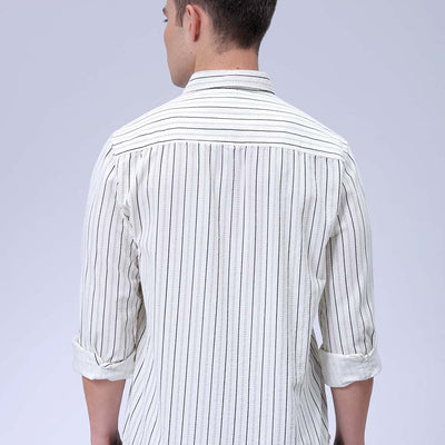 Men's Cream Regular Fit Striped Corduroy Casual Overshirt