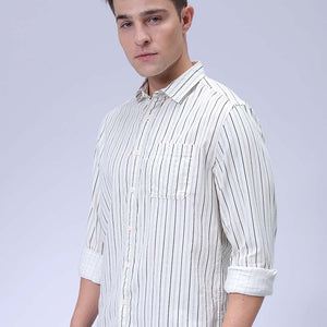 Men's Cream Regular Fit Striped Corduroy Casual Overshirt