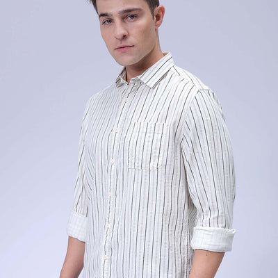 Men's Cream Regular Fit Striped Corduroy Casual Overshirt