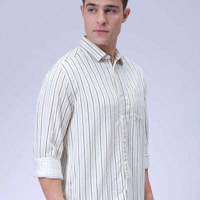 Men's Cream Regular Fit Striped Corduroy Casual Overshirt