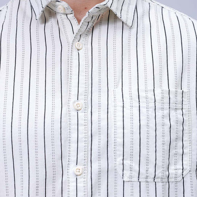 Men's Cream Regular Fit Striped Corduroy Casual Overshirt