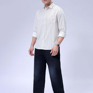 Men's Cream Regular Fit Striped Corduroy Casual Overshirt