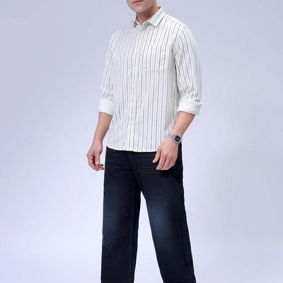 Men's Cream Regular Fit Striped Corduroy Casual Overshirt
