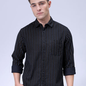 Men's Black Regular Fit Striped Corduroy Casual Overshirt