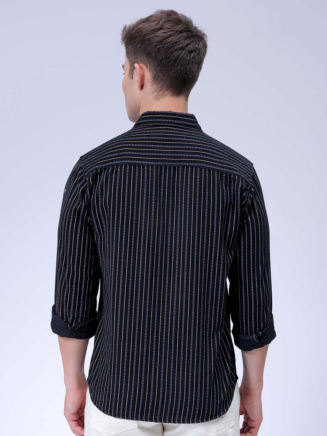 Men's Black Regular Fit Striped Corduroy Casual Overshirt