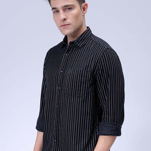 Men's Black Regular Fit Striped Corduroy Casual Overshirt