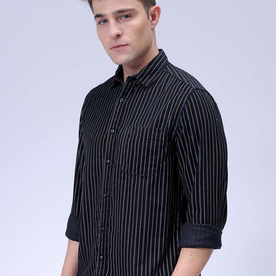 Men's Black Regular Fit Striped Corduroy Casual Overshirt
