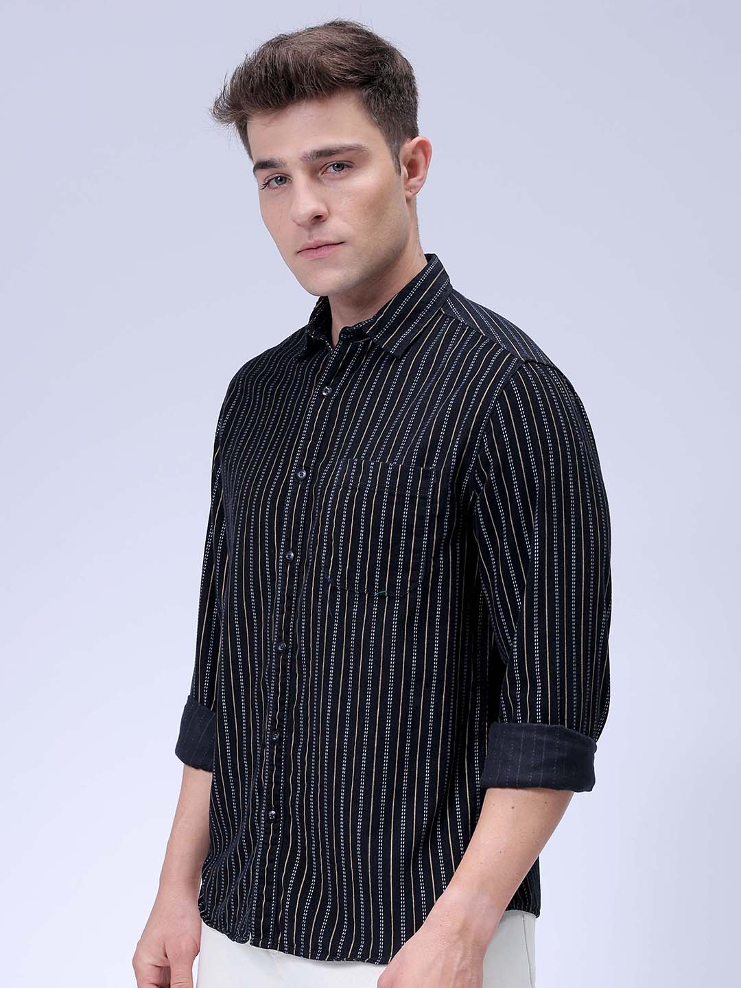 Men's Black Regular Fit Striped Corduroy Casual Overshirt