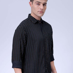 Men's Black Regular Fit Striped Corduroy Casual Overshirt