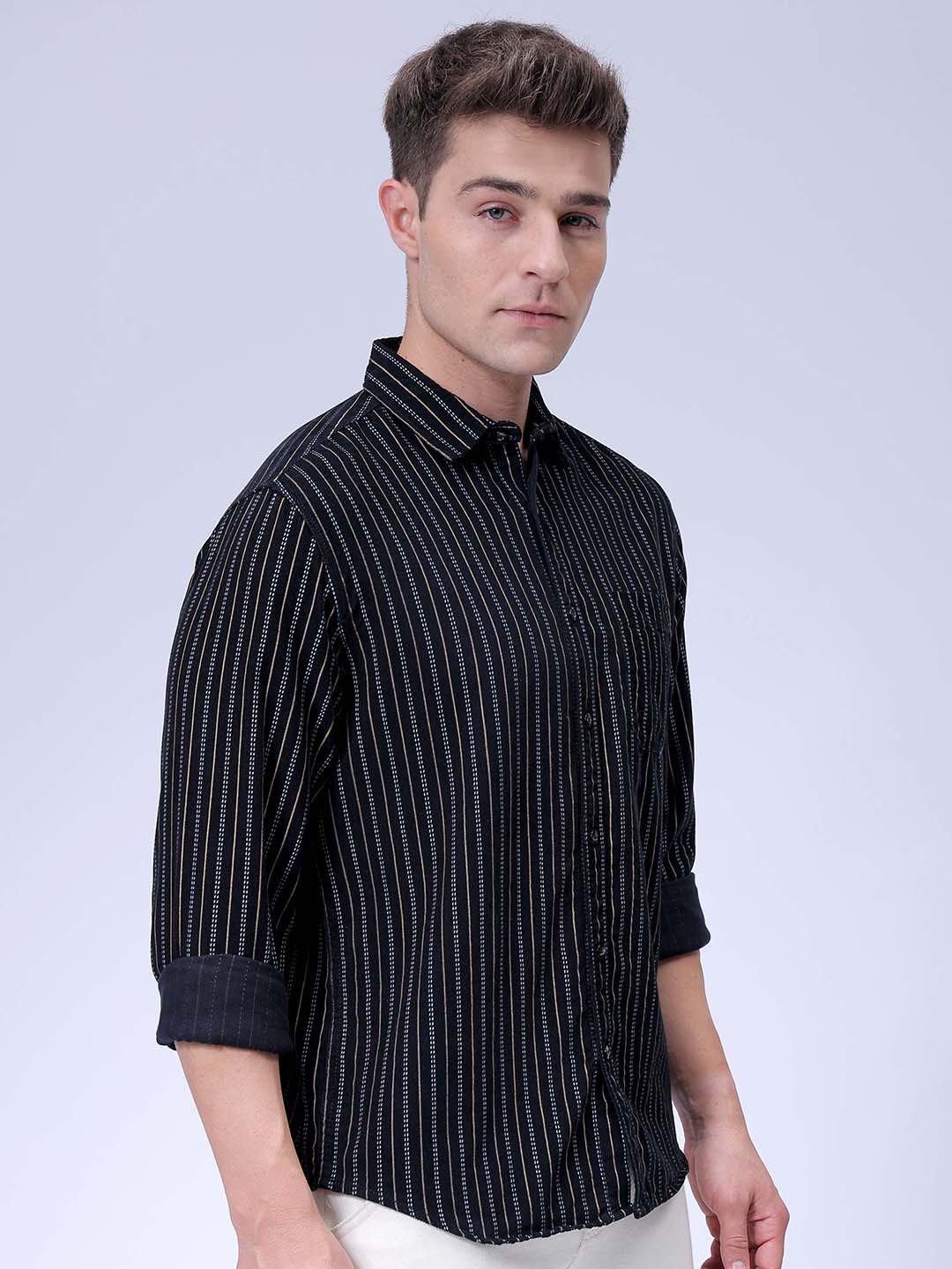 Men's Black Regular Fit Striped Corduroy Casual Overshirt