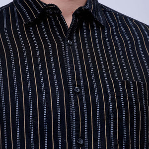 Men's Black Regular Fit Striped Corduroy Casual Overshirt