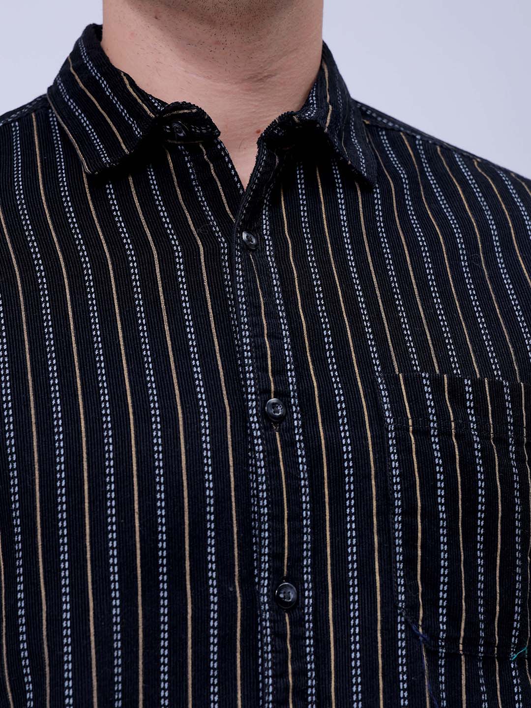Men's Black Regular Fit Striped Corduroy Casual Overshirt
