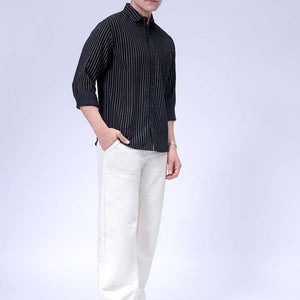 Men's Black Regular Fit Striped Corduroy Casual Overshirt