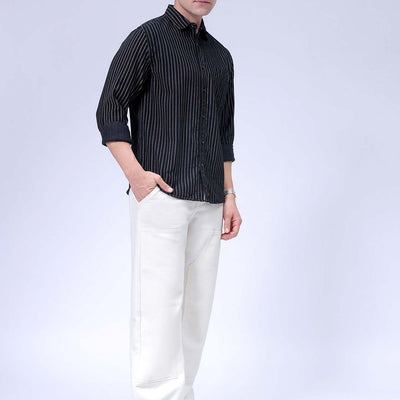 Men's Black Regular Fit Striped Corduroy Casual Overshirt
