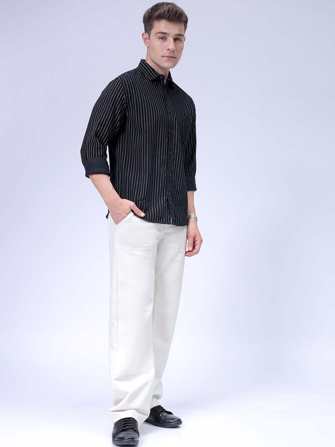 Men's Black Regular Fit Striped Corduroy Casual Overshirt