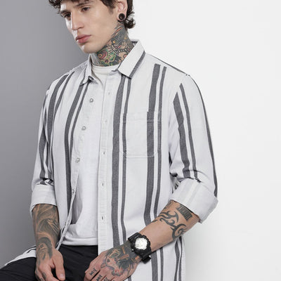 Men's White Regular Fit Printed Casual Overshirt