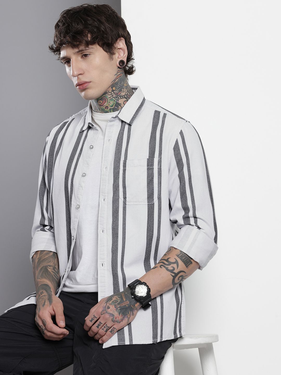 Men's White Regular Fit Printed Casual Overshirt