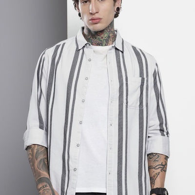 Men's White Regular Fit Printed Casual Overshirt
