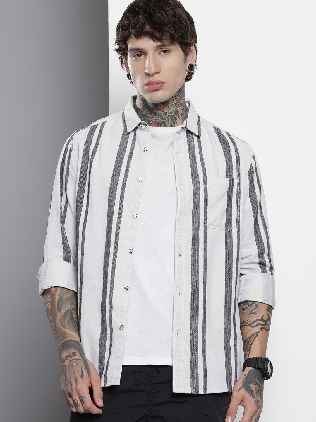 Men's White Regular Fit Printed Casual Overshirt