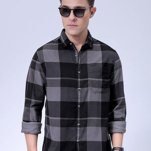 Men's Grey Regular Fit Checked Corduroy Casual Overshirt