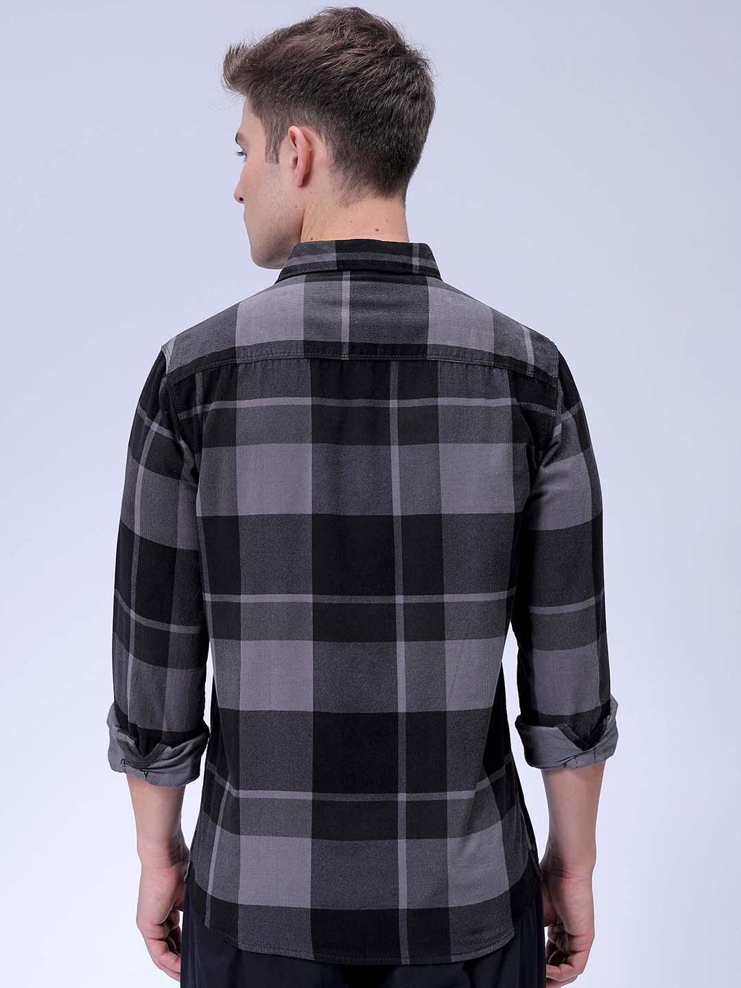 Men's Grey Regular Fit Checked Corduroy Casual Overshirt