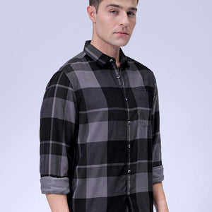 Men's Grey Regular Fit Checked Corduroy Casual Overshirt