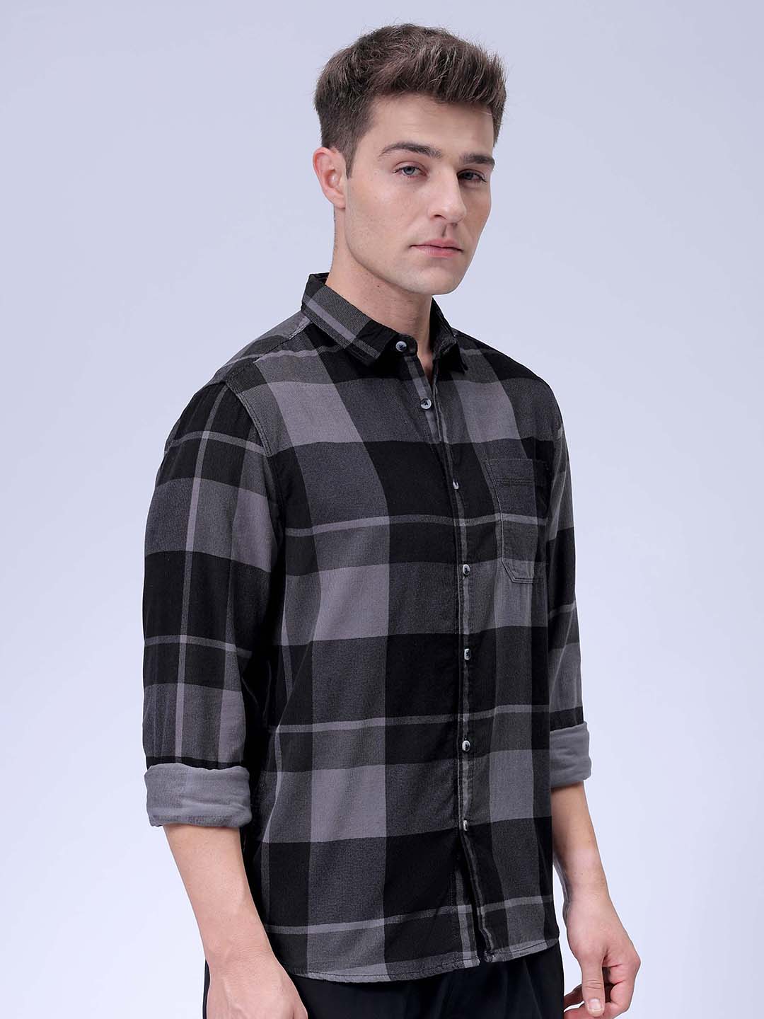 Men's Grey Regular Fit Checked Corduroy Casual Overshirt