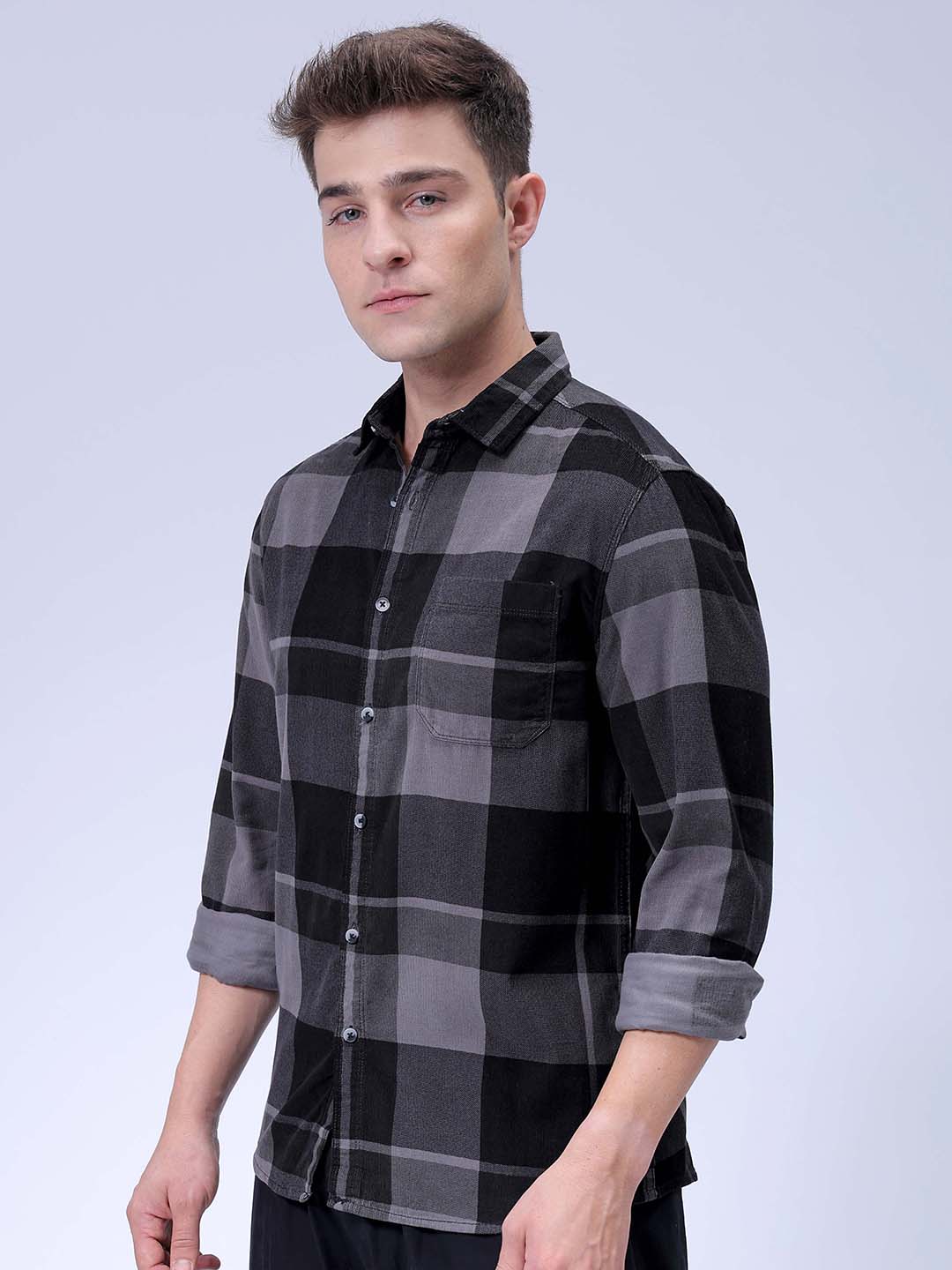 Men's Grey Regular Fit Checked Corduroy Casual Overshirt
