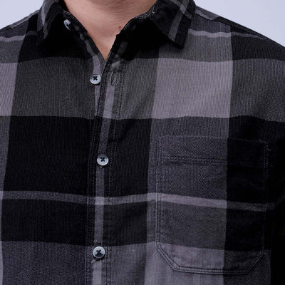 Men's Grey Regular Fit Checked Corduroy Casual Overshirt