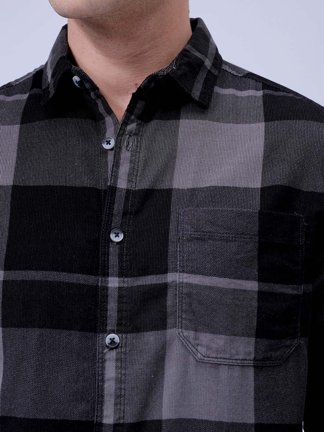 Men's Grey Regular Fit Checked Corduroy Casual Overshirt