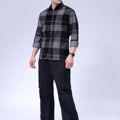 Men's Grey Regular Fit Checked Corduroy Casual Overshirt