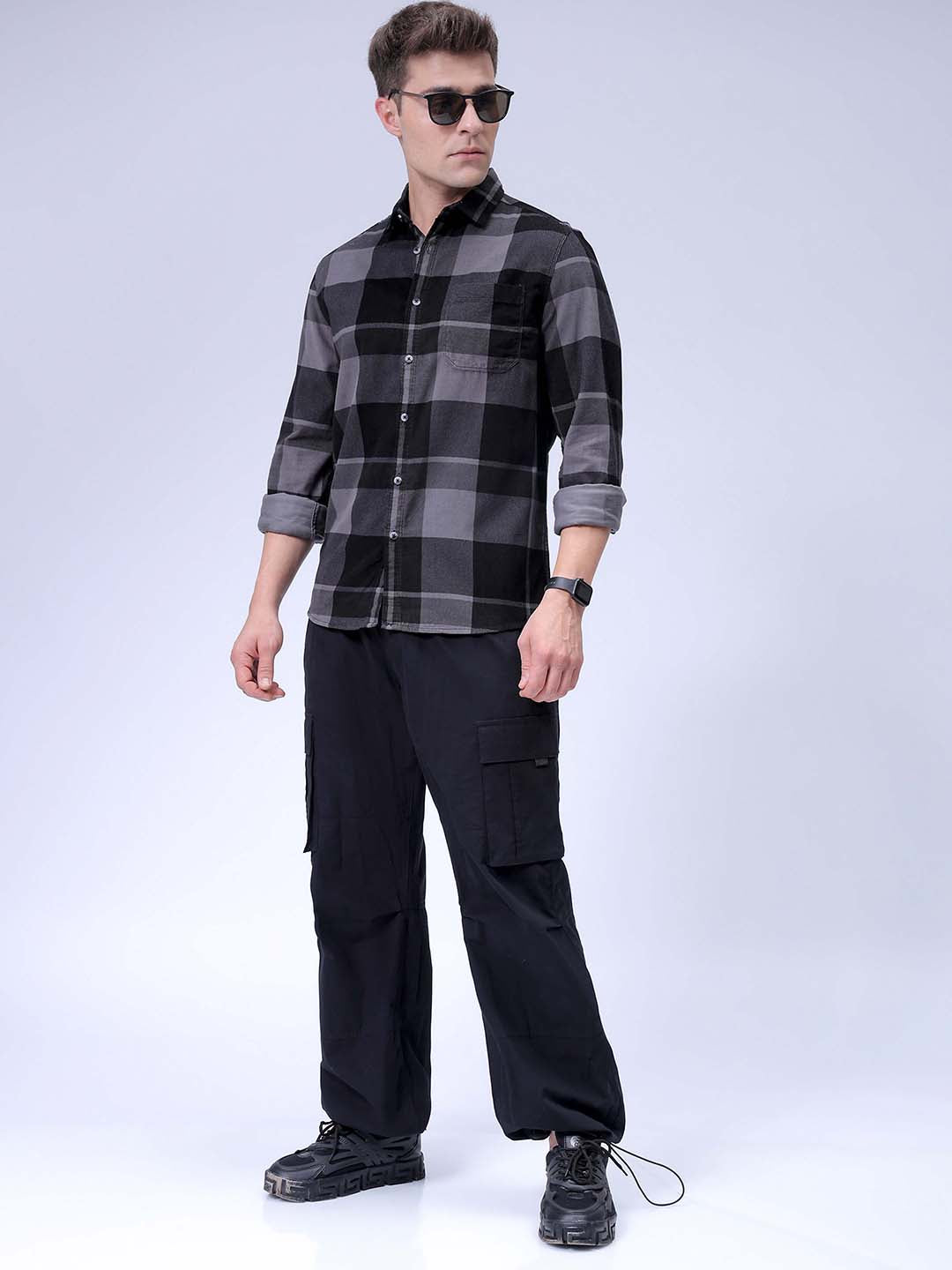 Men's Grey Regular Fit Checked Corduroy Casual Overshirt