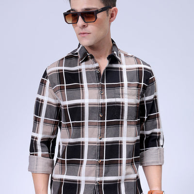 Men's Brown Regular Fit Checked Corduroy Casual Overshirt