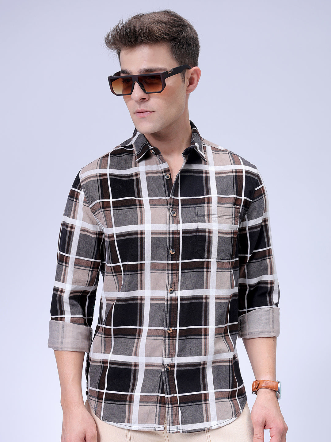 Men's Brown Regular Fit Checked Corduroy Casual Overshirt