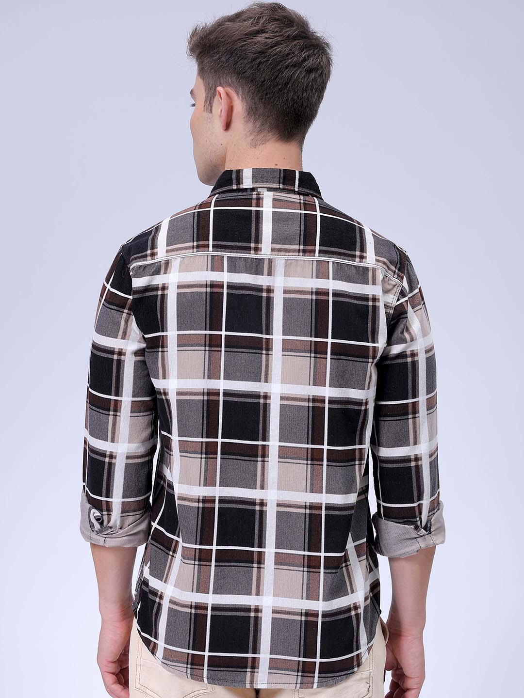Men's Brown Regular Fit Checked Corduroy Casual Overshirt