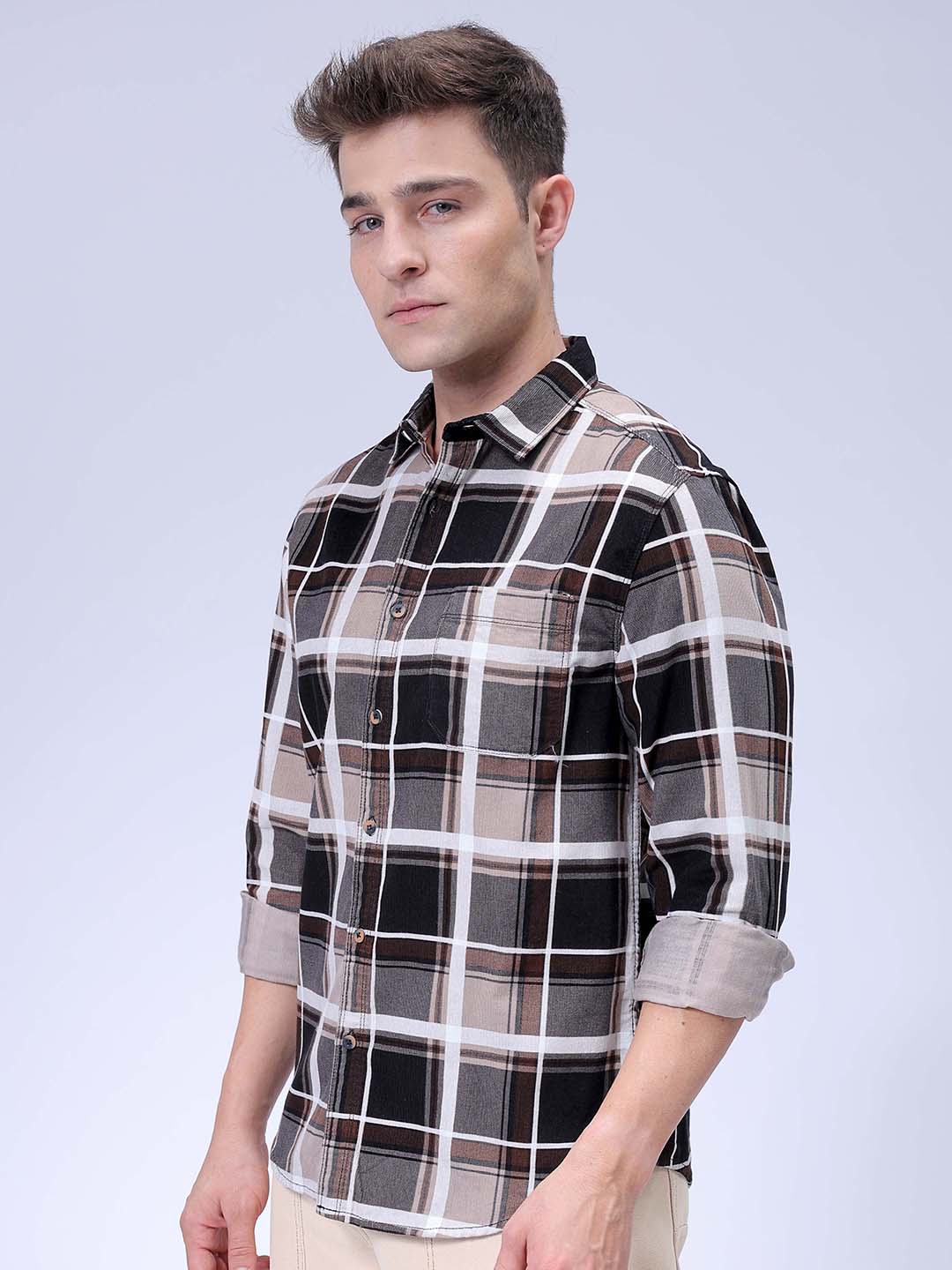 Men's Brown Regular Fit Checked Corduroy Casual Overshirt