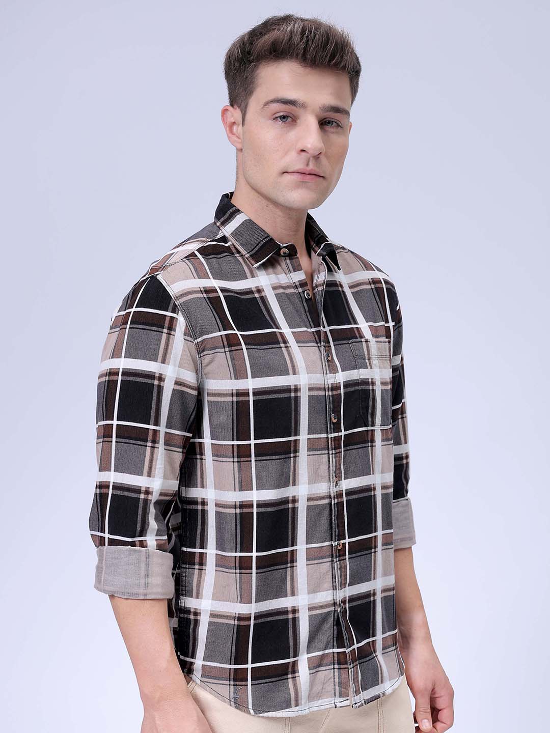 Men's Brown Regular Fit Checked Corduroy Casual Overshirt