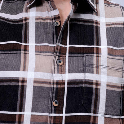Men's Brown Regular Fit Checked Corduroy Casual Overshirt