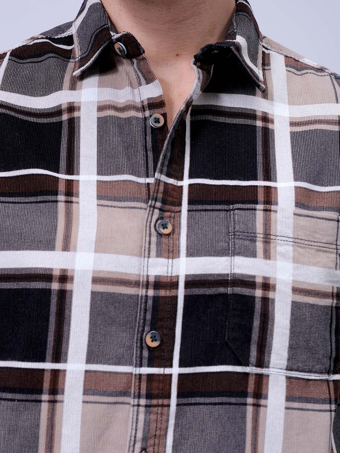 Men's Brown Regular Fit Checked Corduroy Casual Overshirt