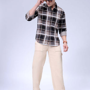Men's Brown Regular Fit Checked Corduroy Casual Overshirt