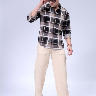 Men's Brown Regular Fit Checked Corduroy Casual Overshirt