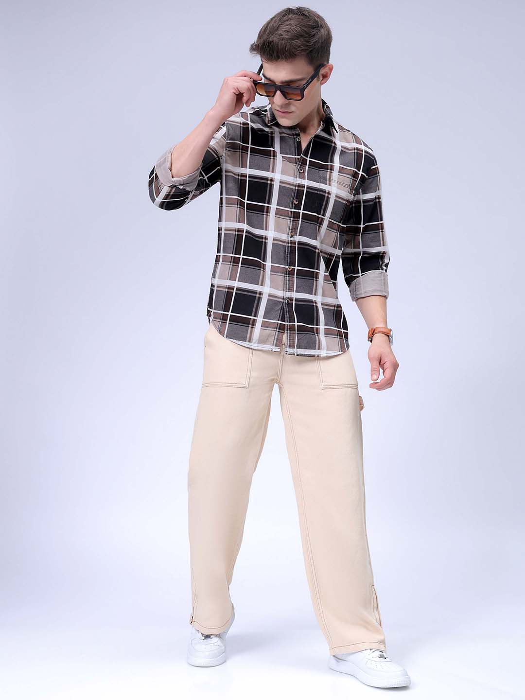 Men's Brown Regular Fit Checked Corduroy Casual Overshirt