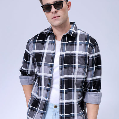 Men's Grey Regular Fit Checked Corduroy Casual Overshirt