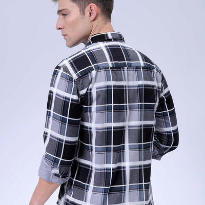 Men's Grey Regular Fit Checked Corduroy Casual Overshirt