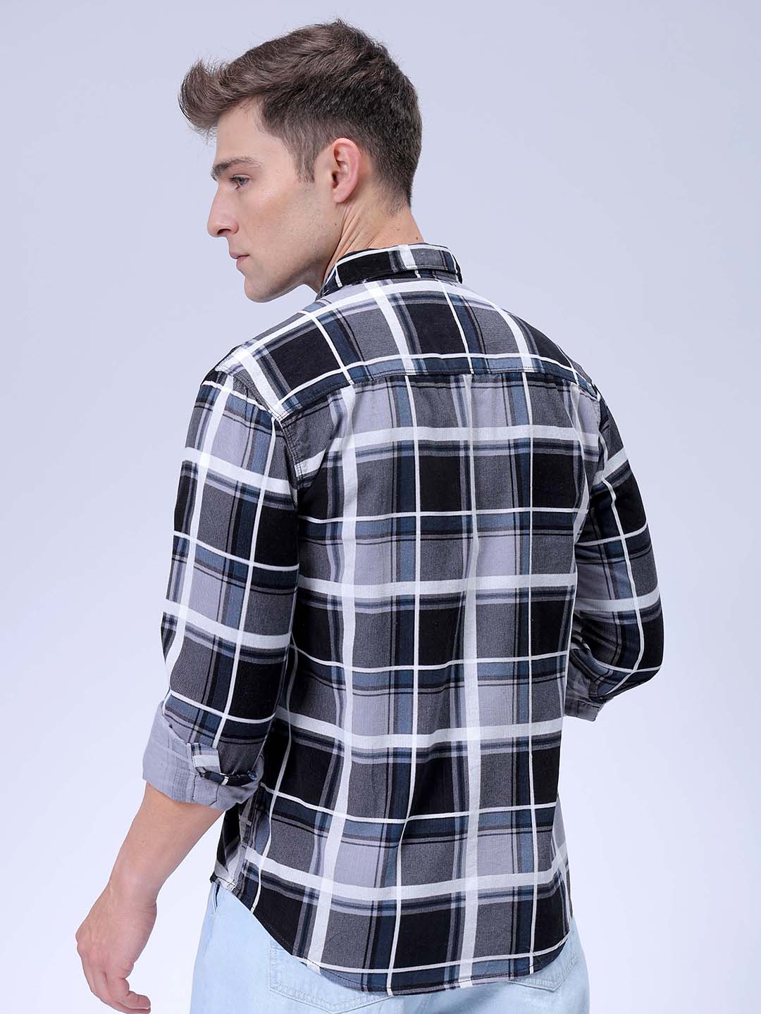 Men's Grey Regular Fit Checked Corduroy Casual Overshirt